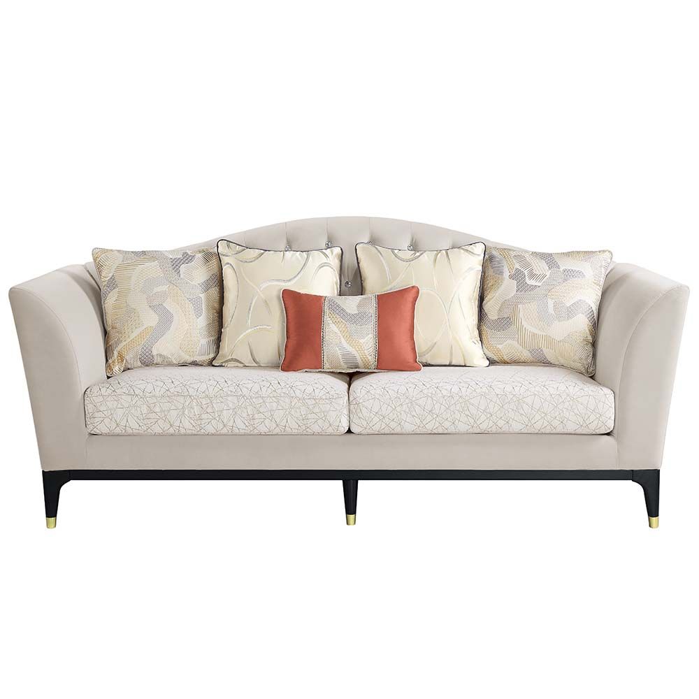 Acme LV01155-56 2 pc Rosdorf park tayden beige velvet fabric black finish wood sofa and love seat set