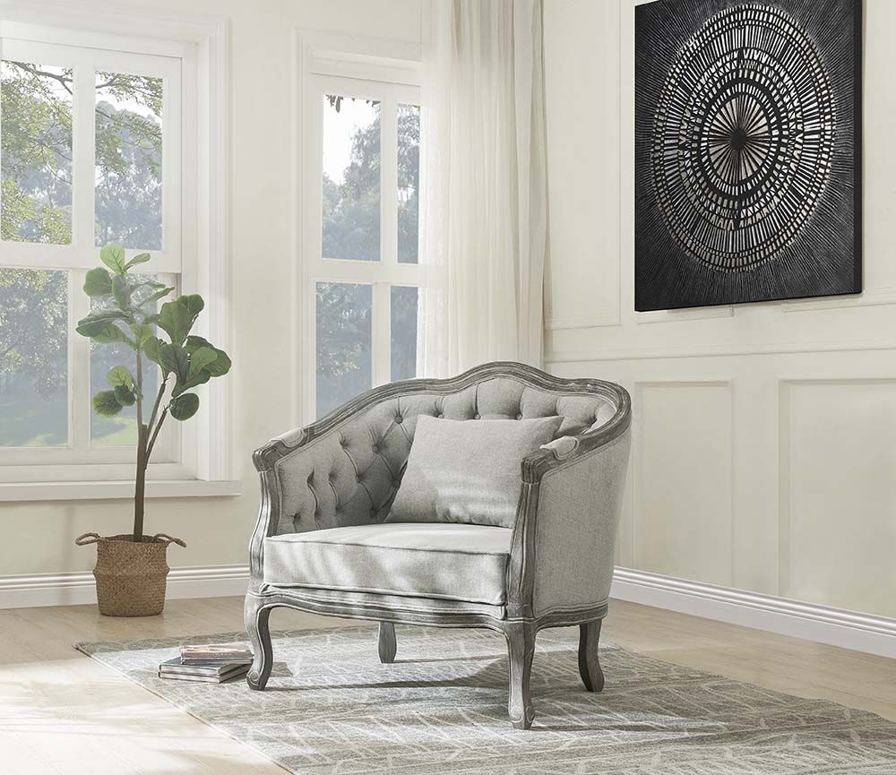 Acme LV01163 Gracie oaks highbridge Samael grey linen fabric pocket coil seating grey oak finish wood accents chair