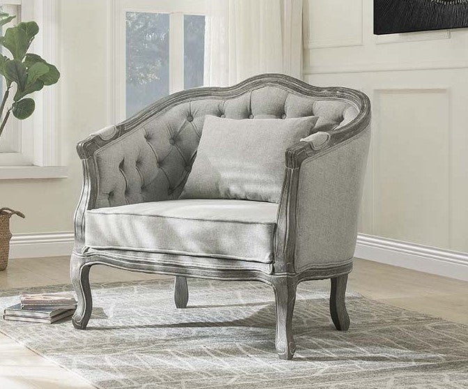 Acme LV01163 Gracie oaks highbridge Samael grey linen fabric pocket coil seating grey oak finish wood accents chair
