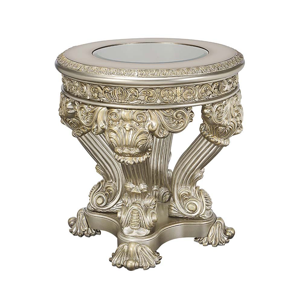 Acme LV01203 Astoria grand Danae champagne and gold finish wood french inspired 33" round end table with ornate accents