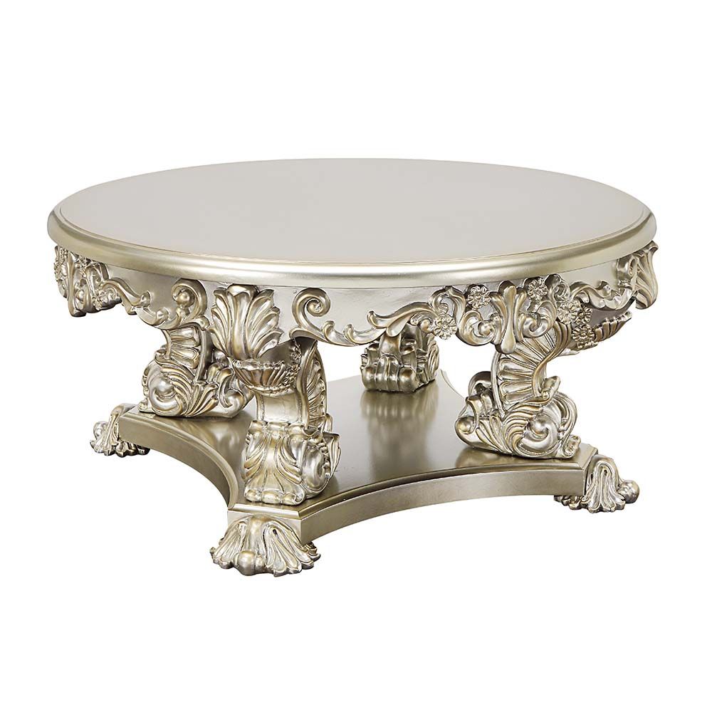 Acme LV01213 Astoria grand Sorina antique gold finish wood french inspired 48" round coffee table with ornate accents