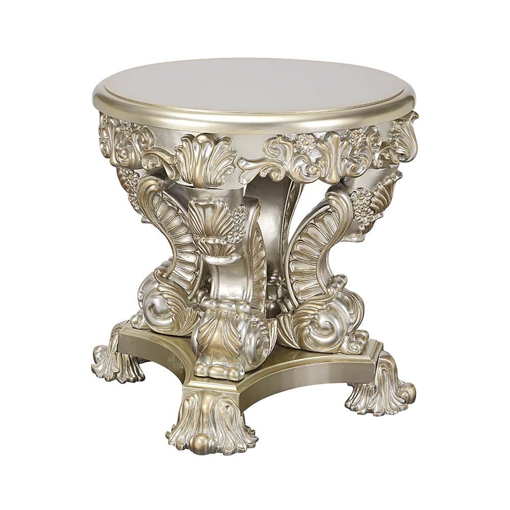 Acme LV01214 Astoria grand Sorina antique gold finish wood french inspired 28" round end table with ornate accents