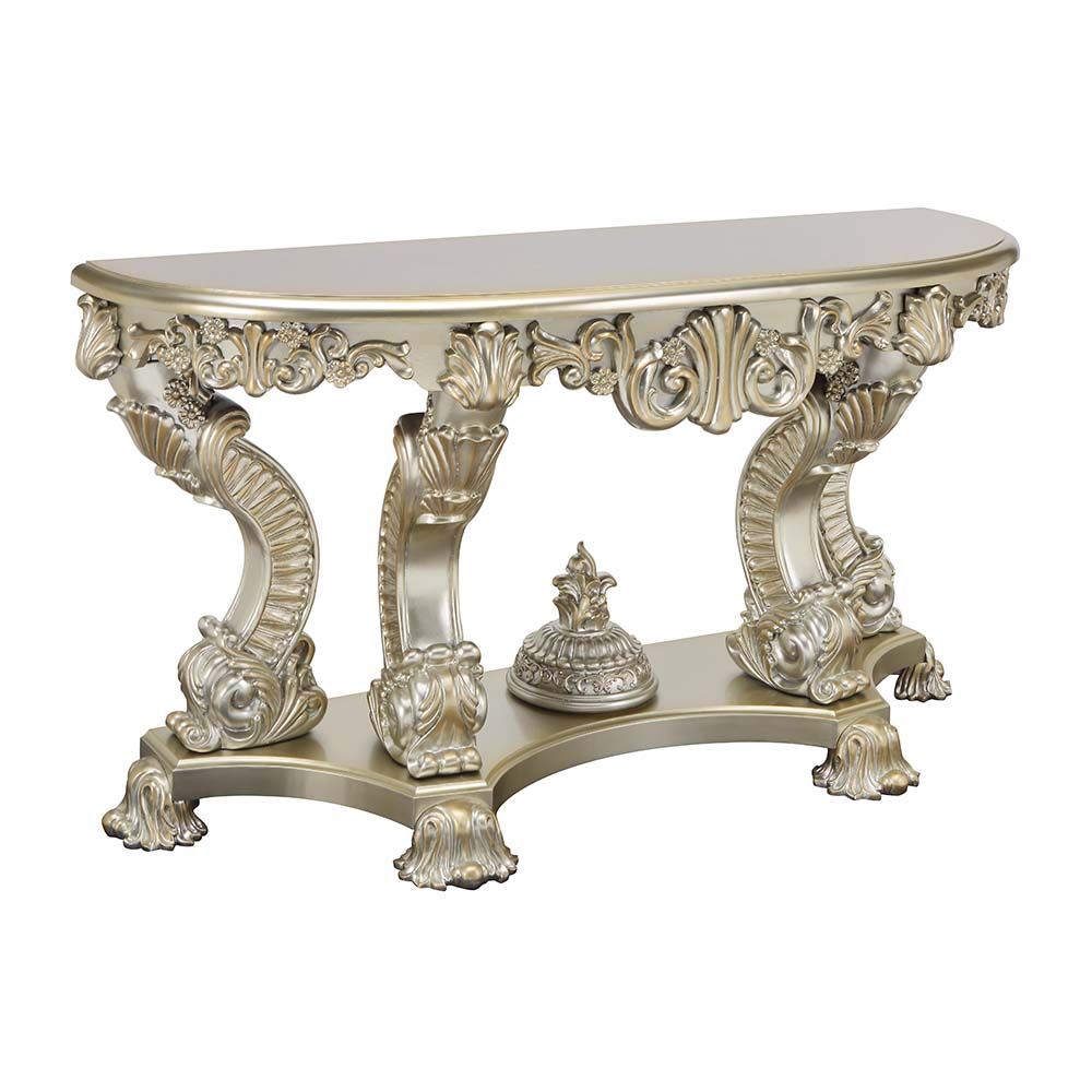 Acme LV01216 Astoria grand Sorina antique gold finish wood french inspired 28" round hall entry console sofa table with ornate accents