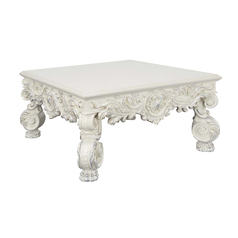 Acme LV01217 Astoria grand Adara antique white finish wood french inspired 50" square coffee table with ornate accents