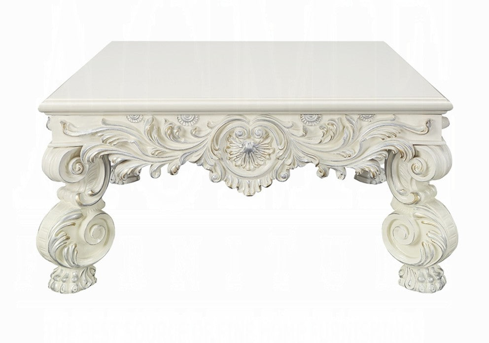 Acme LV01217 Astoria grand Adara antique white finish wood french inspired 50" square coffee table with ornate accents