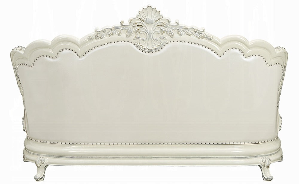 Acme LV01224-25 2 pc set Adara antique white finish wood pearl white faux leather sofa and love seat with ornate accents
