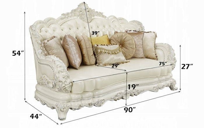 Acme LV01224-25 2 pc set Adara antique white finish wood pearl white faux leather sofa and love seat with ornate accents