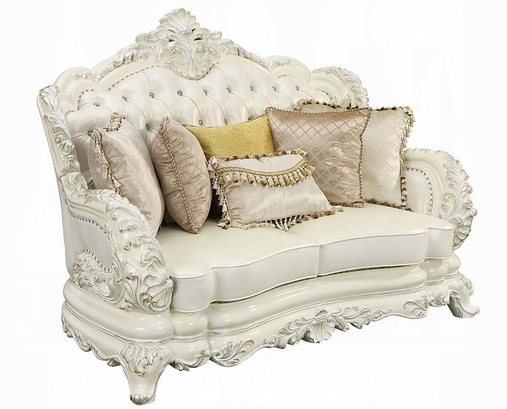Acme LV01224-25 2 pc set Adara antique white finish wood pearl white faux leather sofa and love seat with ornate accents