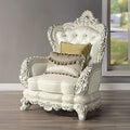 Acme Adara Antique White Finish Wood & Pearl White Faux Leather Accent chair with Ornate Accents – LV01226