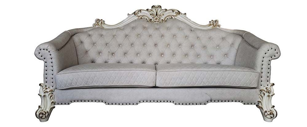 Acme LV01329-30 2 pc Astoria grand bordadora vendome ii antique pearl finish wood two tone ivory fabric sofa and love seat set