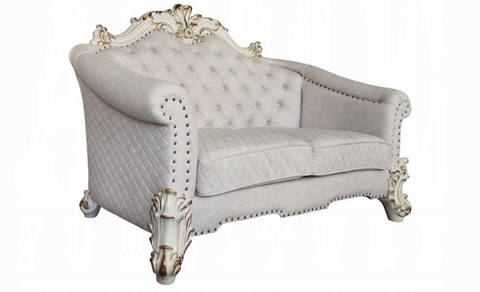 Acme LV01329-30 2 pc Astoria grand bordadora vendome ii antique pearl finish wood two tone ivory fabric sofa and love seat set