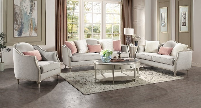 Acme LV01499-50 2 pc Kasa beige linen fabric and champagne finish wood trim sofa and love seat set