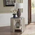 Acme LV01503 Kasa champagne finish wood engineered stone top round end table with lower shelf