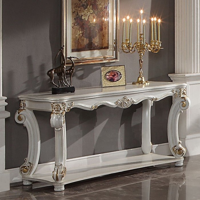 Acme LV01528 Astoria grand vendome antique pearl finish wood ornate accents sofa entry console table lower shelf
