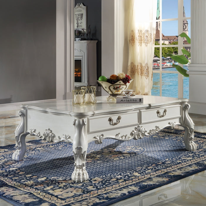 Acme LV01686 Rosdorf park dresden vintage bone white finish wood carved accents coffee table with drawers