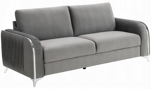Acme LV01710-11 2 pc Wenona grey velvet fabric sofa and love seat set rounded arms chrome accents