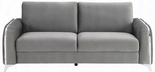 Acme LV01710-11 2 pc Wenona grey velvet fabric sofa and love seat set rounded arms chrome accents