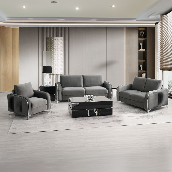 Acme LV01710-11 2 pc Wenona grey velvet fabric sofa and love seat set rounded arms chrome accents