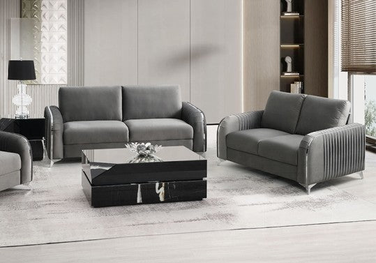 Acme LV01710-11 2 pc Wenona grey velvet fabric sofa and love seat set rounded arms chrome accents