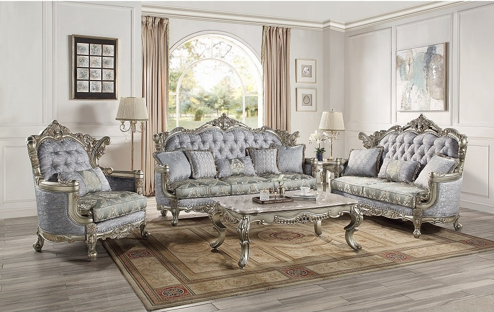 Acme LV01780-81 2 pc set Astoria grand Miliani antique bronze finish wood french inspired sofa and love seat with ornate accents