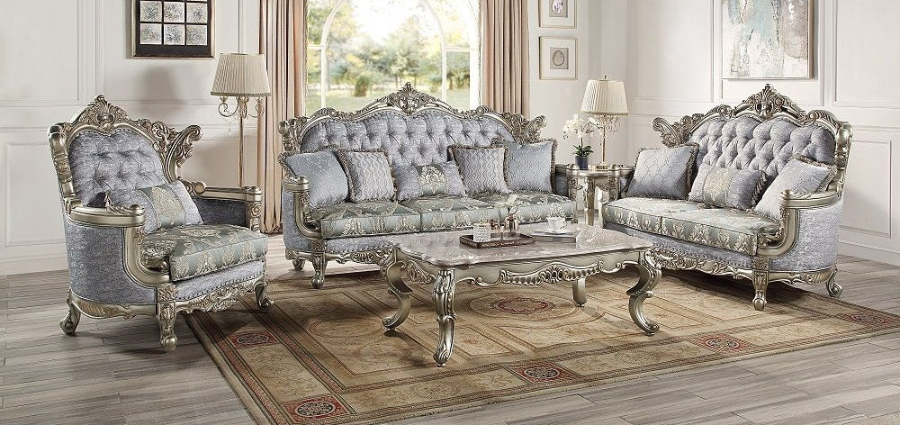 Acme LV01780-81 2 pc set Astoria grand Miliani antique bronze finish wood french inspired sofa and love seat with ornate accents