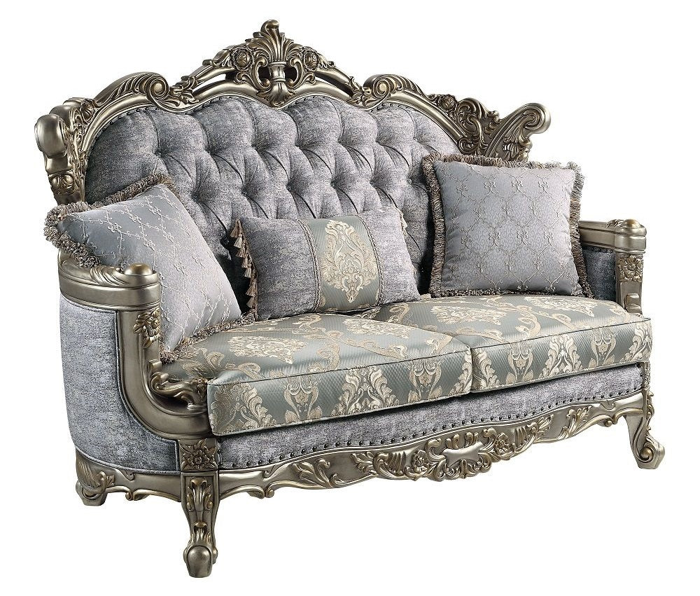 Acme LV01780-81 2 pc set Astoria grand Miliani antique bronze finish wood french inspired sofa and love seat with ornate accents