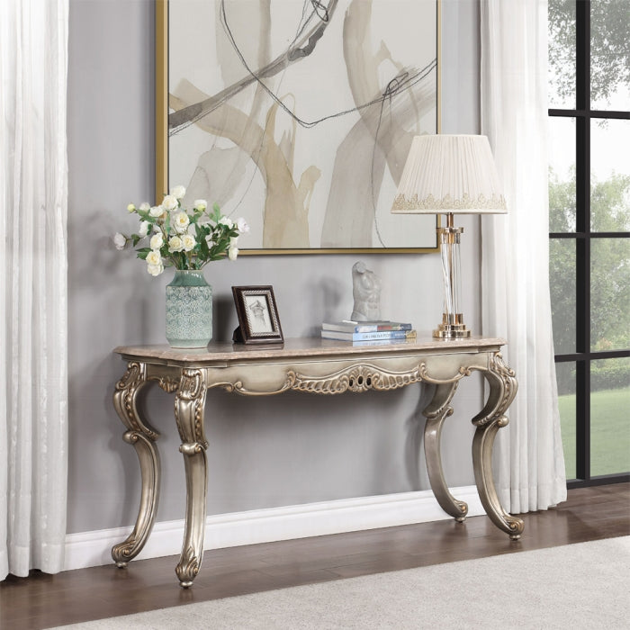 Acme LV01785 Astoria grand miliani antique bronze finish wood marble top ornate accents sofa entry console table
