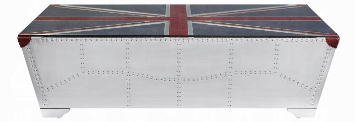 Acme LV01812 Brancaster aluminum metal frame rivet look union jack design glass top coffee table