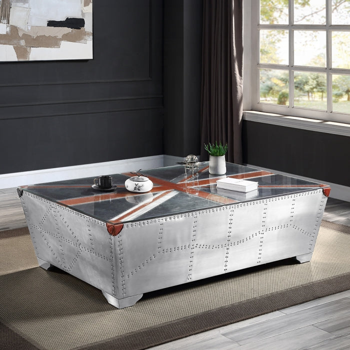Acme LV01812 Brancaster aluminum metal frame rivet look union jack design glass top coffee table
