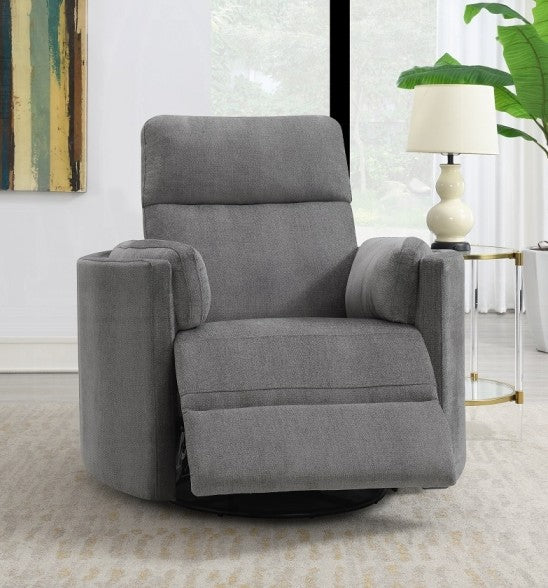 Acme LV01879 Sagen charcoal gray chenille swivel recliner glider chair with side pillows