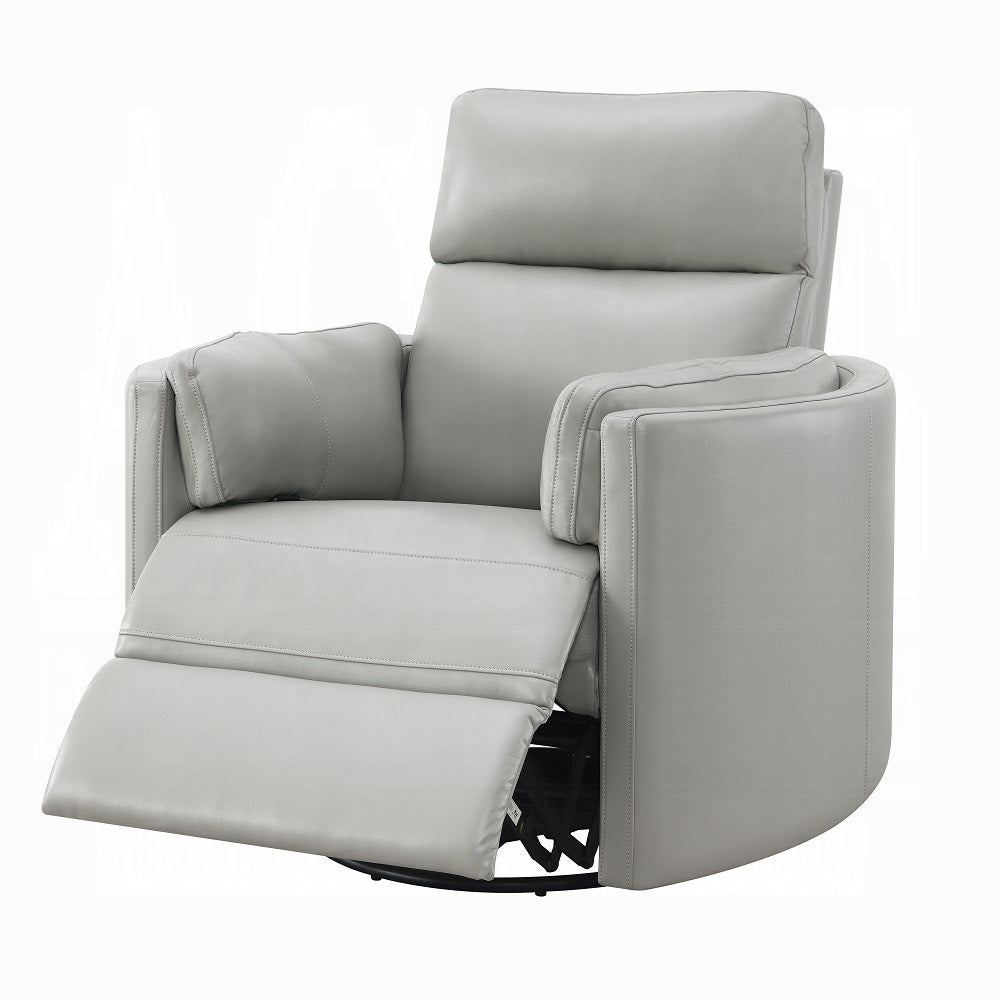 Acme LV01880 Sagen gray leather aire swivel recliner glider chair with side pillows