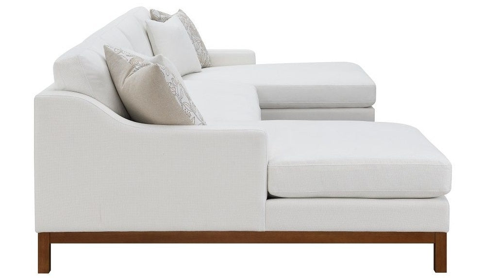 Acme LV01881 3 pc Orren ellis Valiant ivory chenille fabric double chaise sectional sofa with wooden base and pocket coil seating