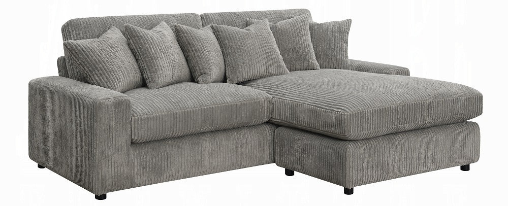Acme LV01882 2 pc Tavia grey corduroy fabric 82" sectional sofa with chaise and pillows