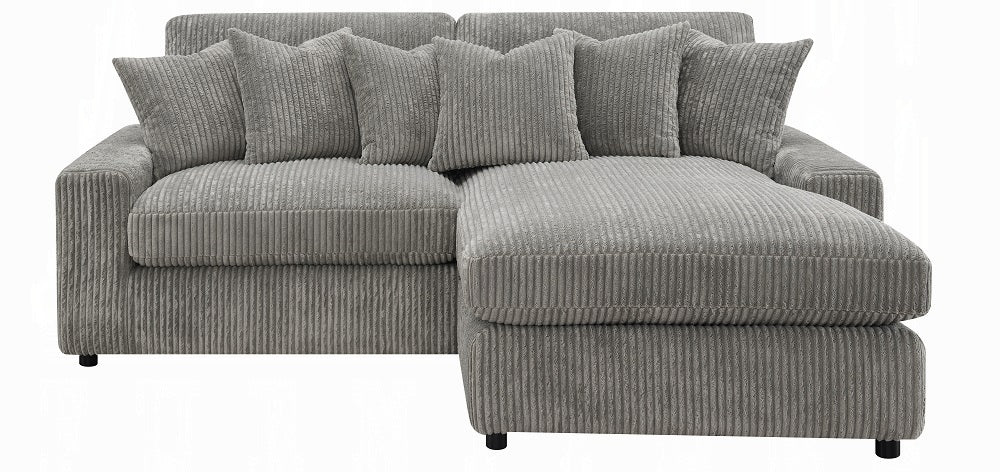 Acme LV01882 2 pc Tavia grey corduroy fabric 82" sectional sofa with chaise and pillows
