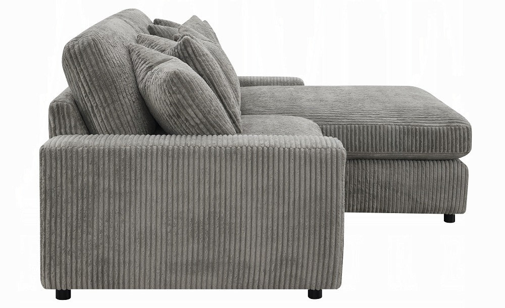 Acme LV01882 2 pc Tavia grey corduroy fabric 82" sectional sofa with chaise and pillows