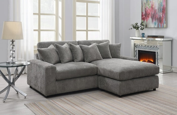 Acme LV01882 2 pc Tavia grey corduroy fabric 82" sectional sofa with chaise and pillows