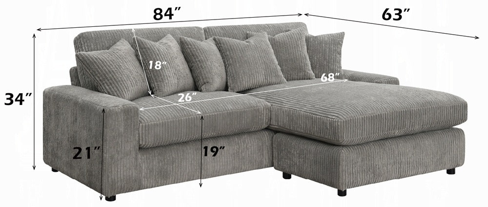 Acme LV01882 2 pc Tavia grey corduroy fabric 82" sectional sofa with chaise and pillows