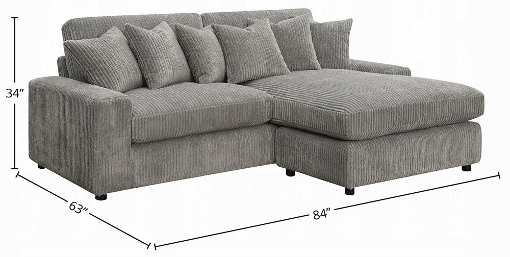 Acme LV01882 2 pc Tavia grey corduroy fabric 82" sectional sofa with chaise and pillows