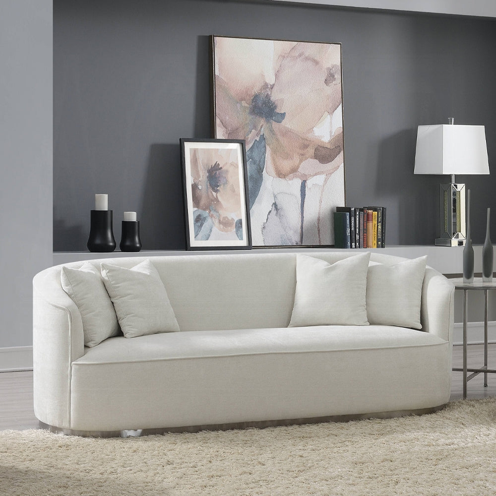 Acme LV01917-18 2 pc Darby home co Odette beige chenille fabric sofa and love seat set curved arms silver trim base