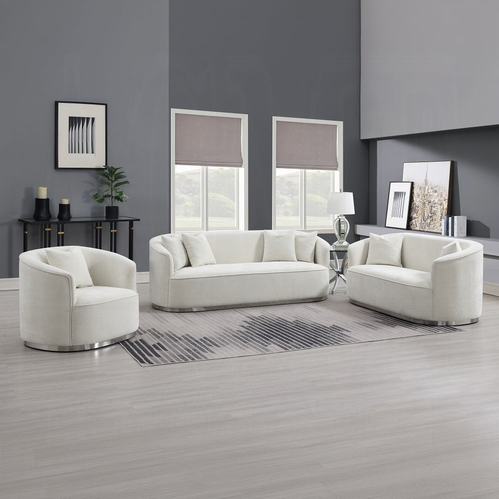 Acme LV01917-18 2 pc Darby home co Odette beige chenille fabric sofa and love seat set curved arms silver trim base