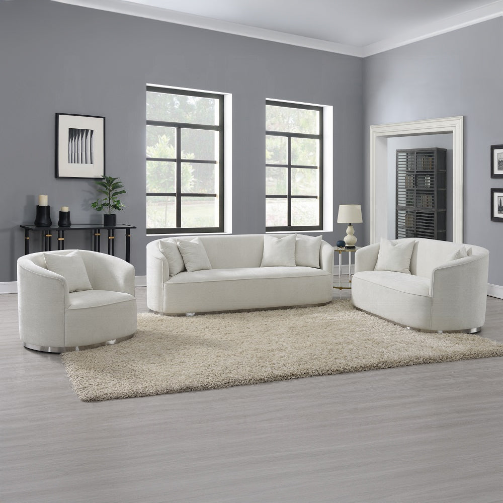 Acme LV01917-18 2 pc Darby home co Odette beige chenille fabric sofa and love seat set curved arms silver trim base