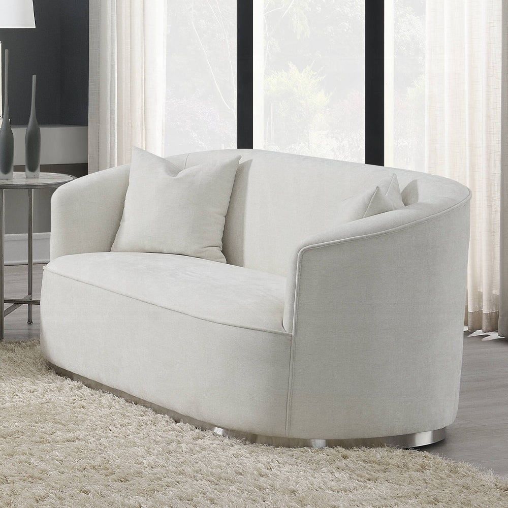 Acme LV01917-18 2 pc Darby home co Odette beige chenille fabric sofa and love seat set curved arms silver trim base