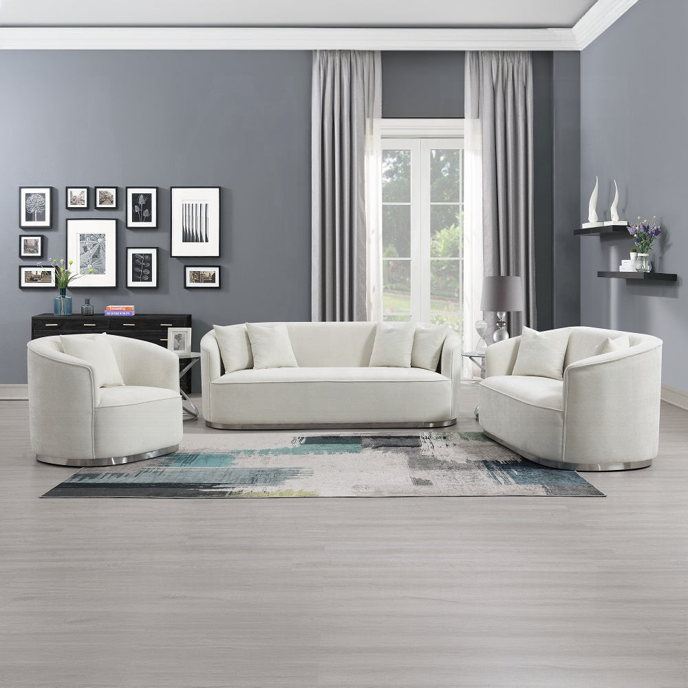 Acme LV01917-18 2 pc Darby home co Odette beige chenille fabric sofa and love seat set curved arms silver trim base