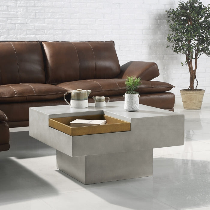Acme LV01928 Kailano weathered grey finish concrete square coffee table with wood tray