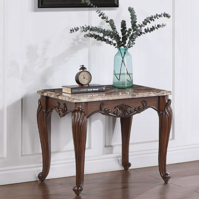Acme LV02005 Astoria grand nayla antique cherry finish wood marble top end table carved accents