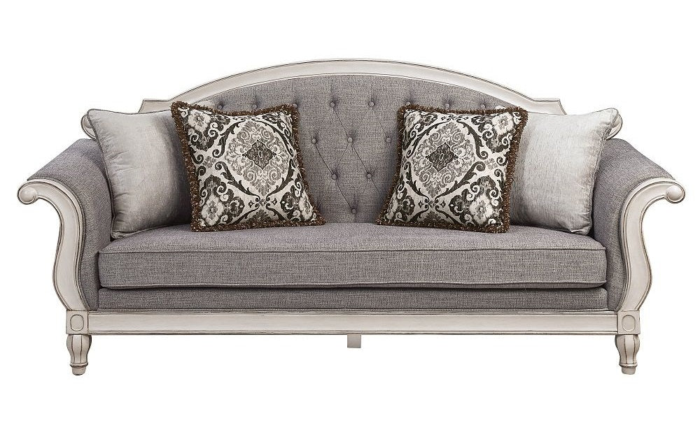 Acme LV02119-20 2 pc set Florian antique white finish wood rustic modern tufted back sofa and love seat with grey fabric