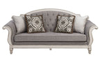 Acme LV02119-20 2 pc set Florian antique white finish wood rustic modern tufted back sofa and love seat with grey fabric
