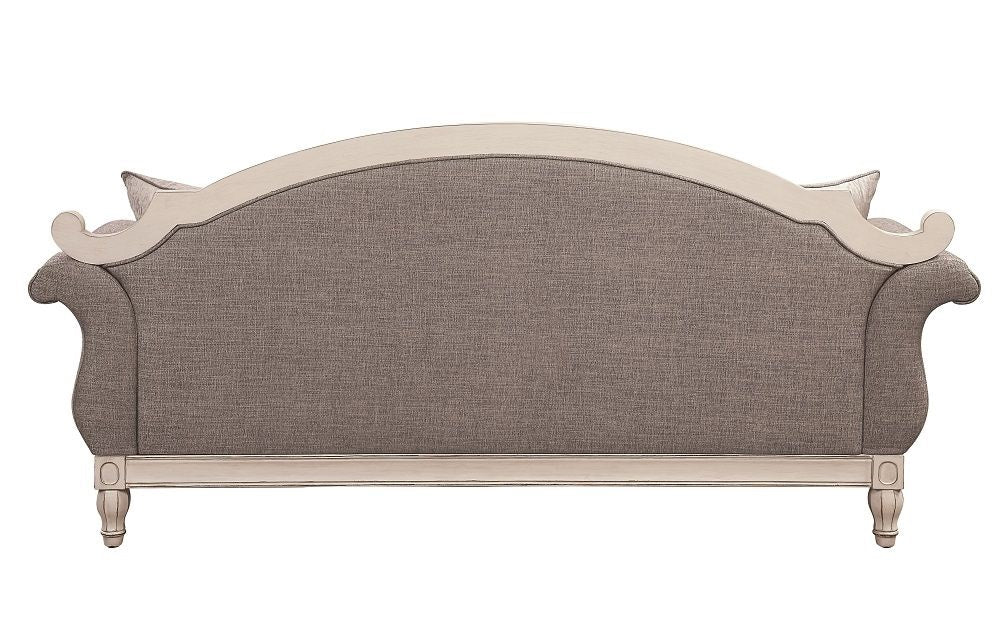 Acme LV02119-20 2 pc set Florian antique white finish wood rustic modern tufted back sofa and love seat with grey fabric