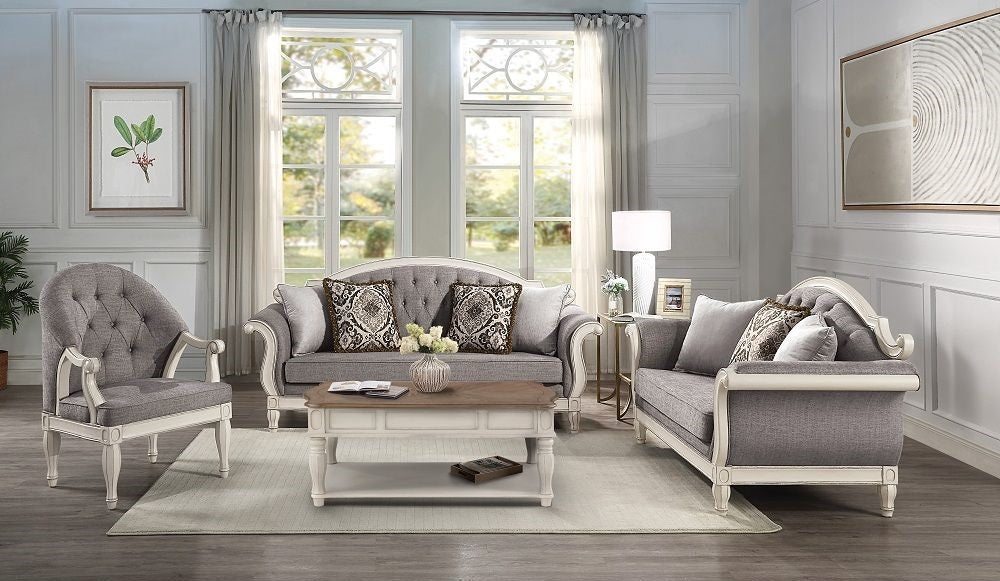 Acme LV02119-20 2 pc set Florian antique white finish wood rustic modern tufted back sofa and love seat with grey fabric