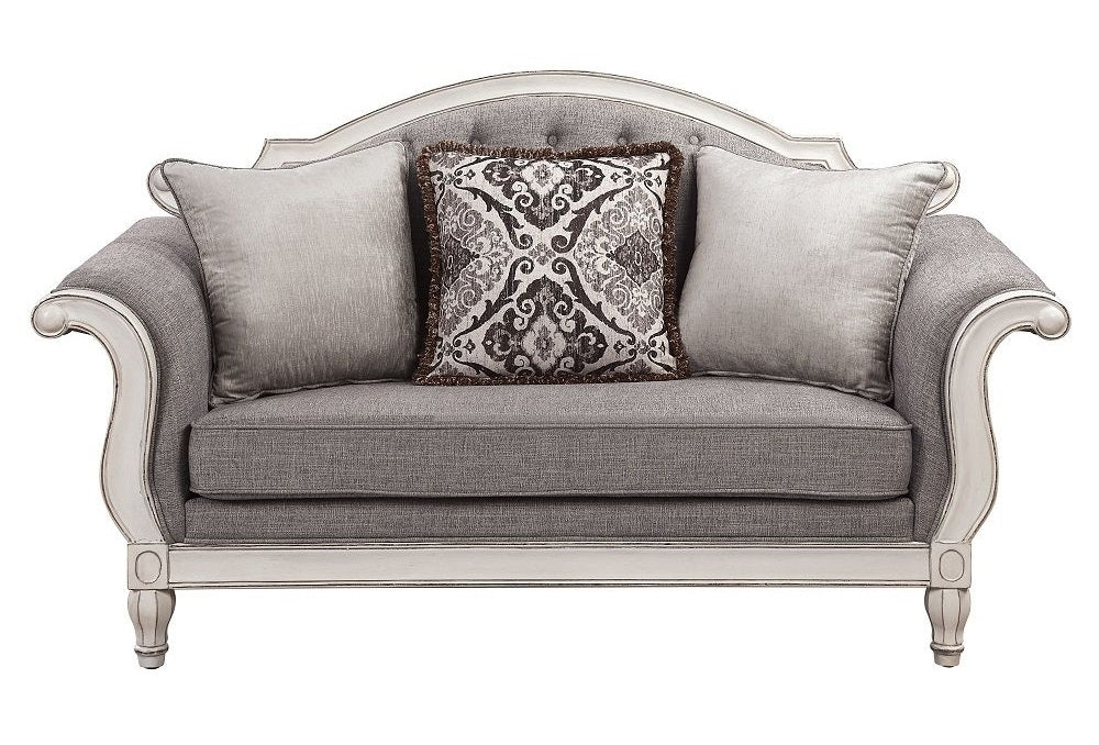 Acme LV02119-20 2 pc set Florian antique white finish wood rustic modern tufted back sofa and love seat with grey fabric